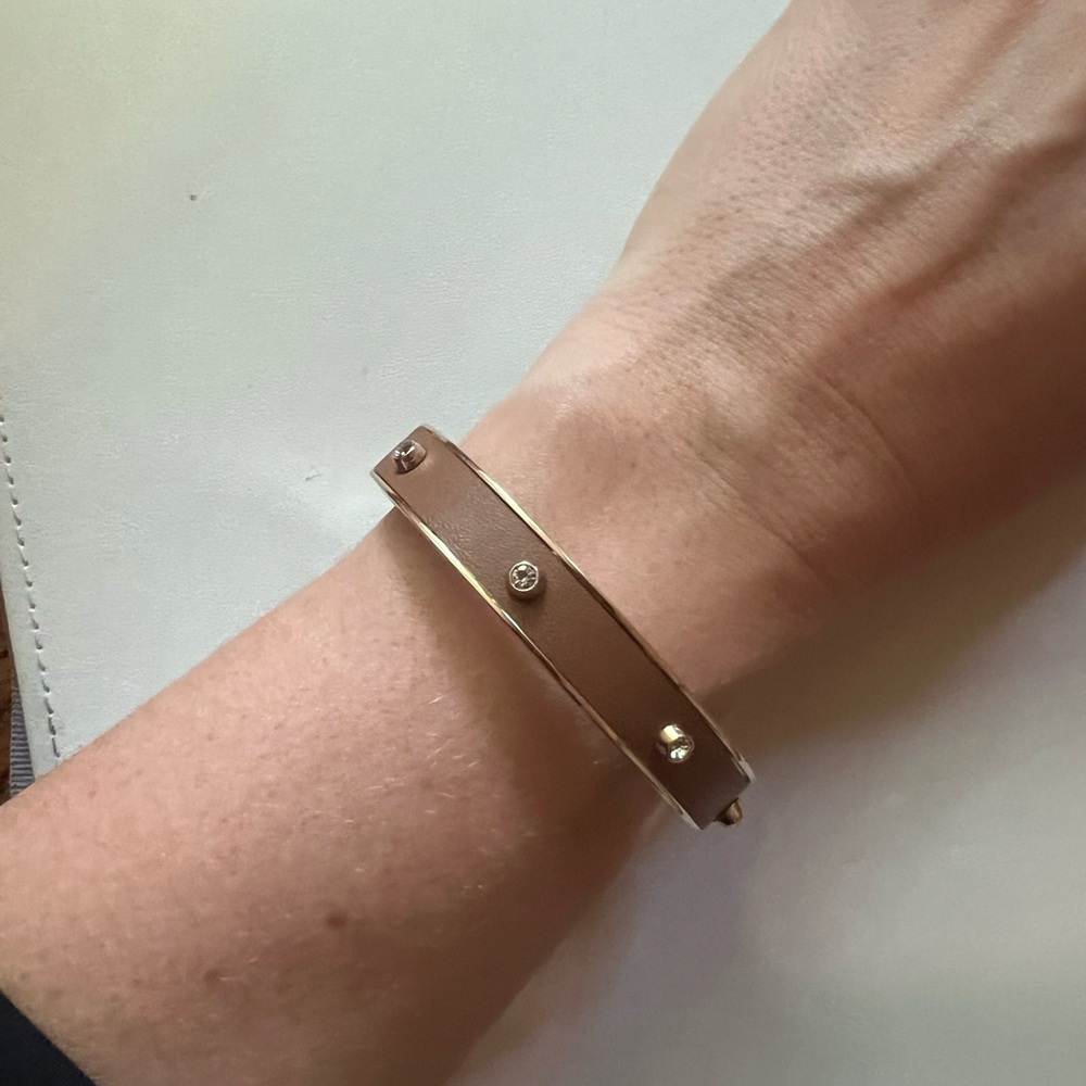 Dyrberg/Kern Copenhagen gold bangle with brown leather and crystal studs